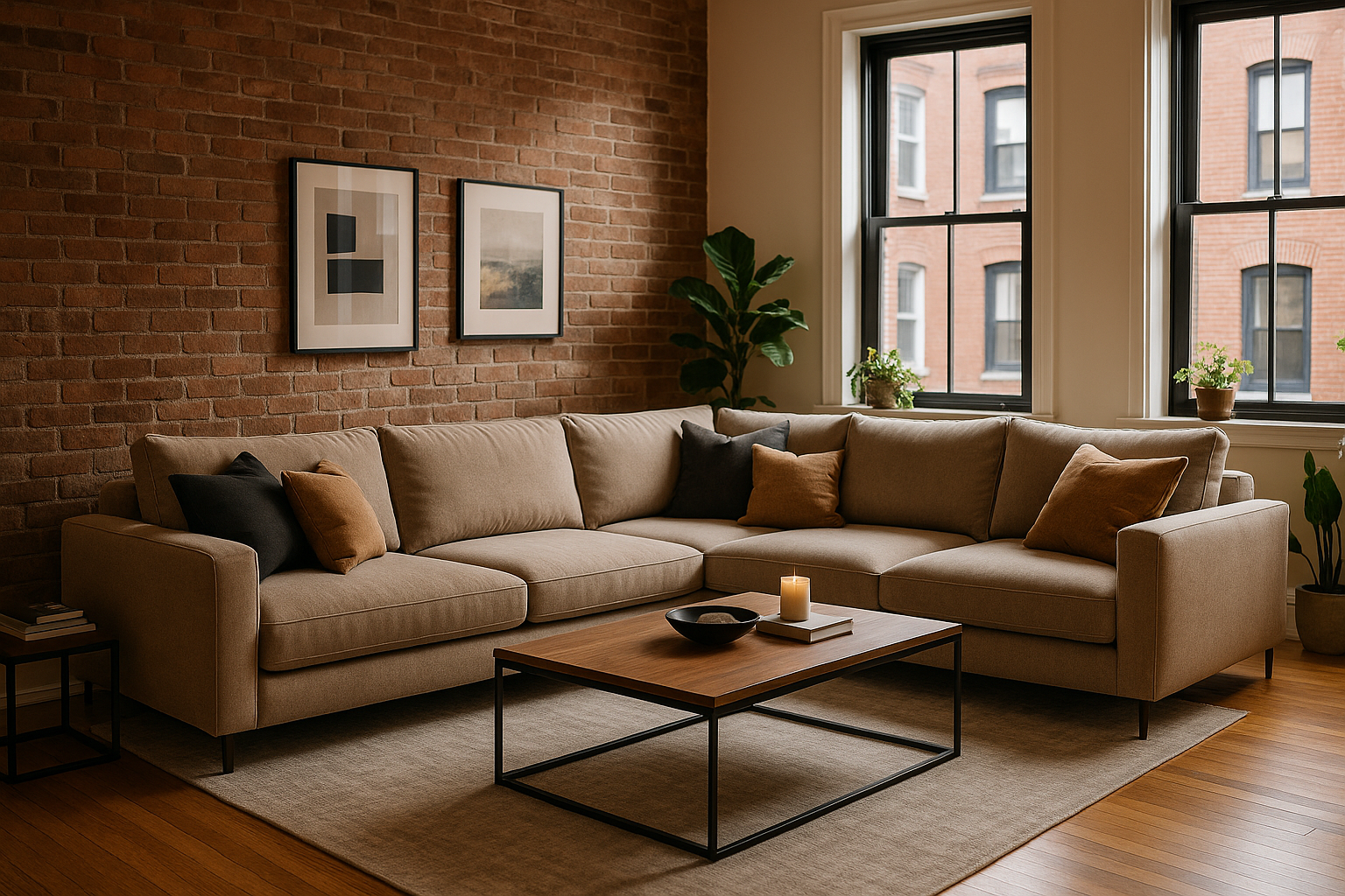 a brand name beautiful modern sectional in a Boston apartment, please make look as real and decorated as possible