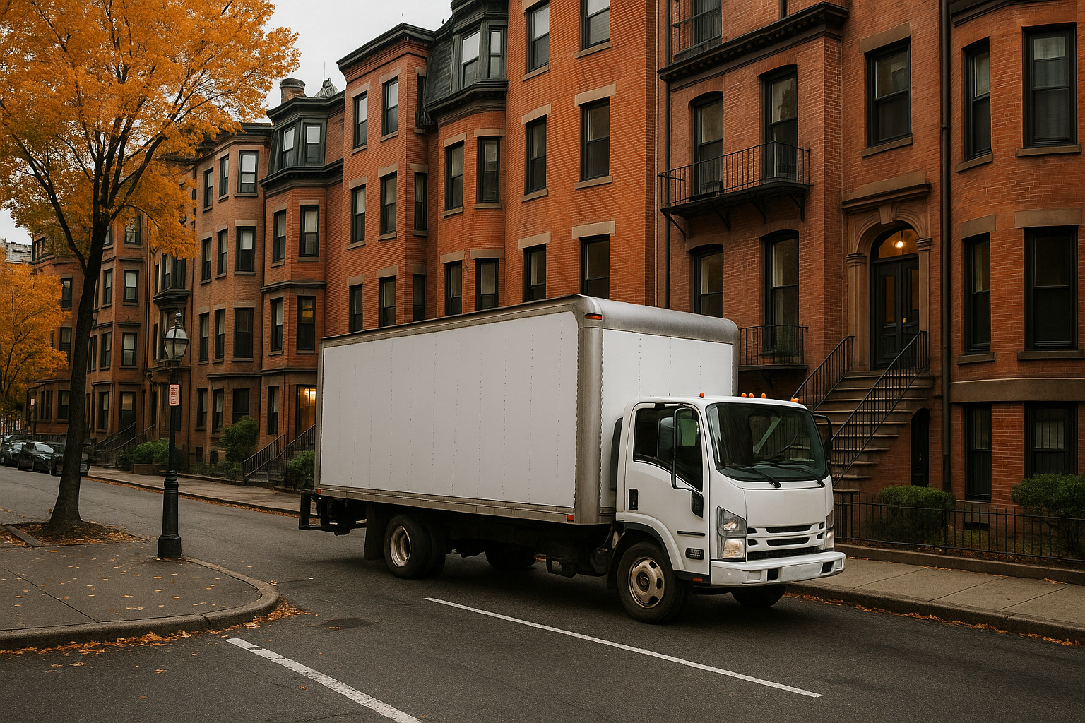 box truck pulling up to an apartment building in Bosotn