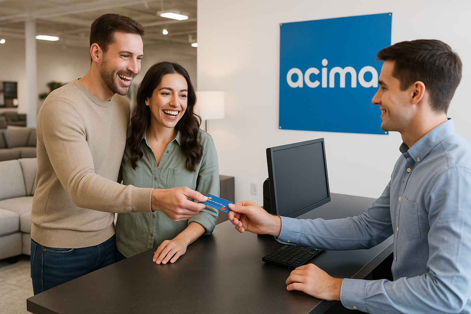 couple purchasing a sectional couch and giving their card to pay. Please have Acima poster on wall behind the counter