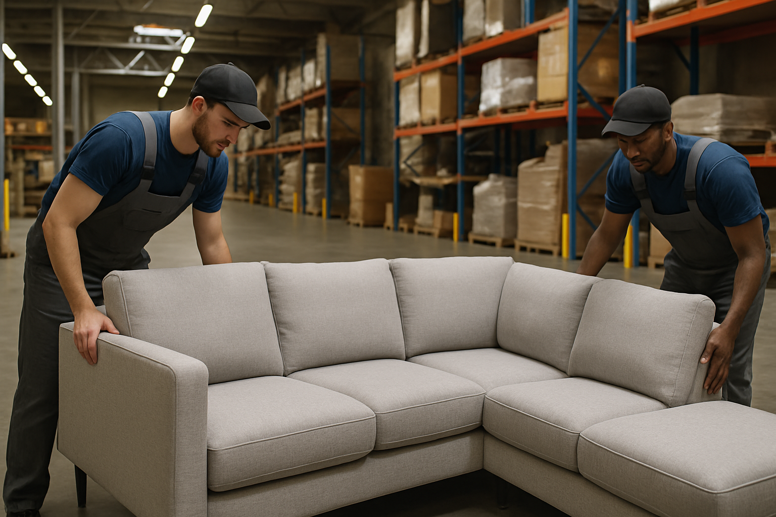 two workers setting up a sectional couch in a warehouse