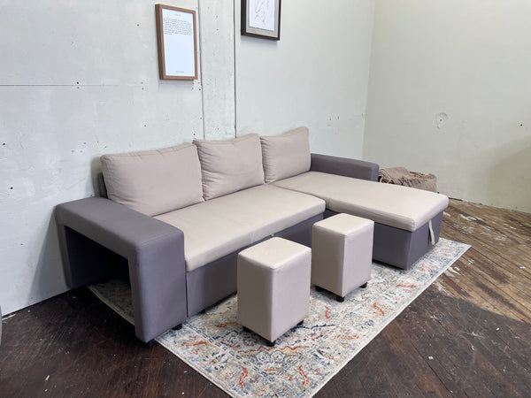FREE DELIVERY! 🚚 - Gray & Tan Modern Sleeper Sectional Couch with Chaise, Storage, and 2 Stored Ottomans