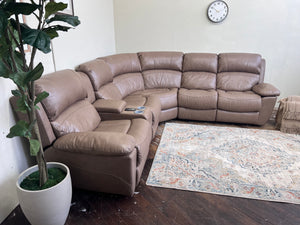 FREE DELIVERY! 🚚 - Jordan’s Furniture “Larue” Light Brown Power Reclining Genuine Leather Sectional Couch with Seat Warming, Massage, Tilt Headrest and Charging Console