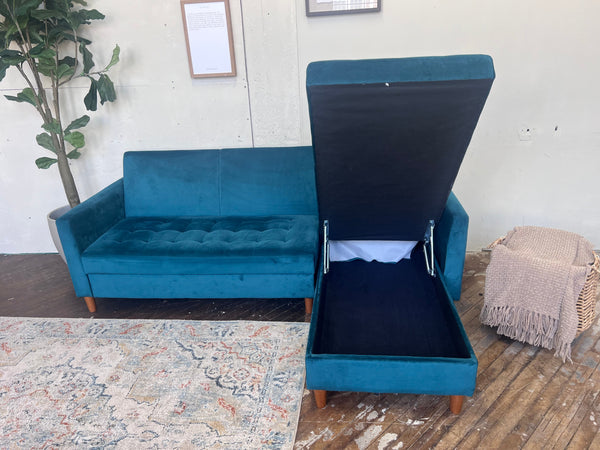 FREE DELIVERY! 🚚 - Teal Suede Tufted Mid Century Sleeper Futon Sectional Couch with Chaise and Storage
