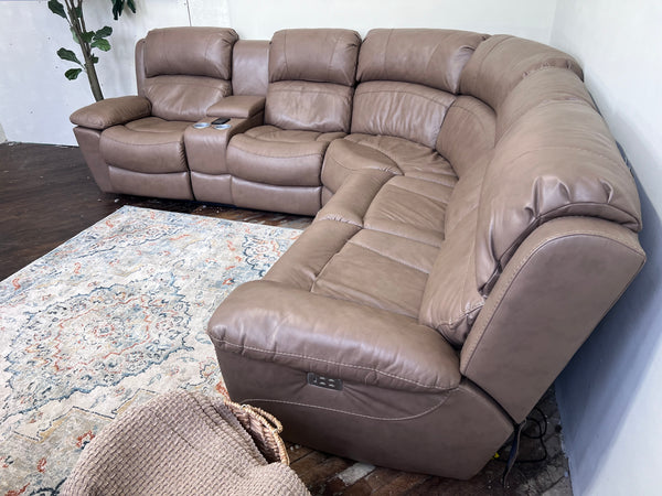 FREE DELIVERY! 🚚 - Jordan’s Furniture “Larue” Light Brown Power Reclining Genuine Leather Sectional Couch with Seat Warming, Massage, Tilt Headrest and Charging Console