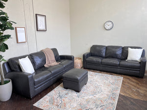 FREE DELIVERY! 🚚 - Charcoal Gray Genuine Leather 3 Seater Couch & Ottoman Set Cozy Couple