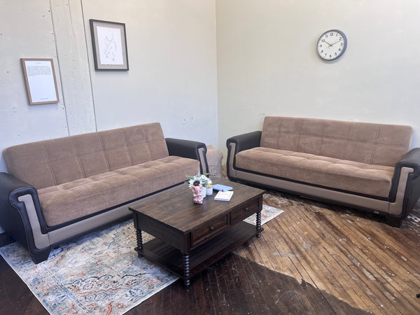 FREE DELIVERY! 🚚 - Brown Couch Set with Genuine Leather Trim with Storage