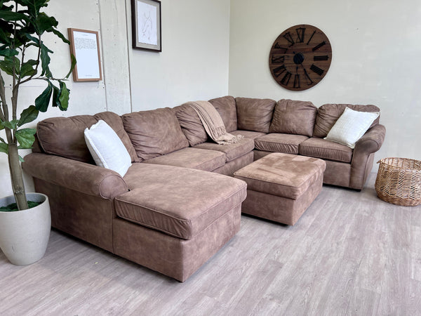 FREE DELIVERY! 🚚 - Brown Synthetic Leather U Sectional Couch with Chaise and Storage Roller Ottoman Cozy Couple
