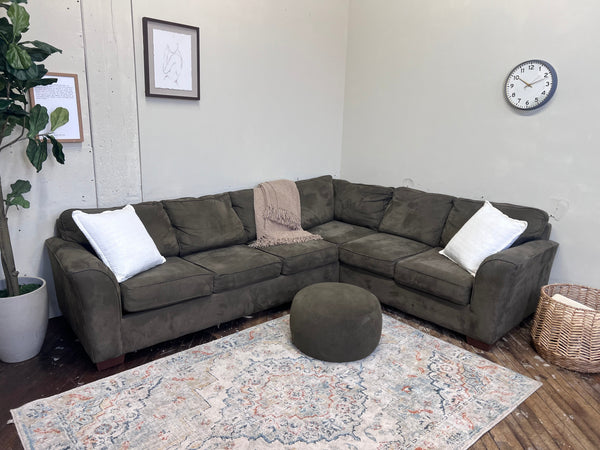 FREE DELIVERY! 🚚 - Jordan’s Furniture Bauhaus Olive Green Microfiber Sleeper Sectional Couch with Ottoman Set Cozy Couple