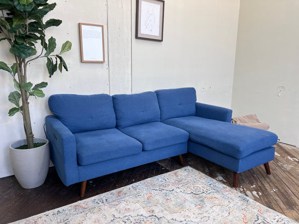 FREE DELIVERY! 🚚 - Mid Century Blue Sectional Couch with Chaise and Charging Ports Cozy Couple