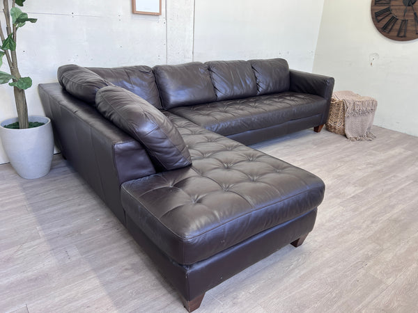 FREE DELIVERY! 🚚 - Real Genuine Leather Dark Brown Tufted Modern Sectional Couch with Chaise