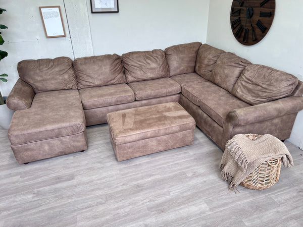 FREE DELIVERY! 🚚 - Brown Synthetic Leather U Sectional Couch with Chaise and Storage Roller Ottoman Cozy Couple