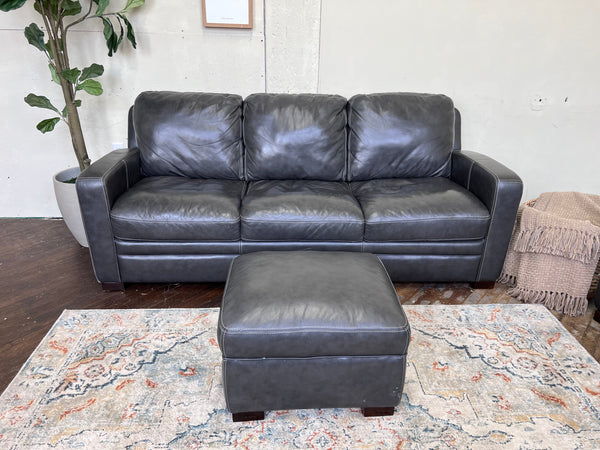 FREE DELIVERY! 🚚 - Charcoal Gray Genuine Leather 3 Seater Couch & Ottoman Set Cozy Couple