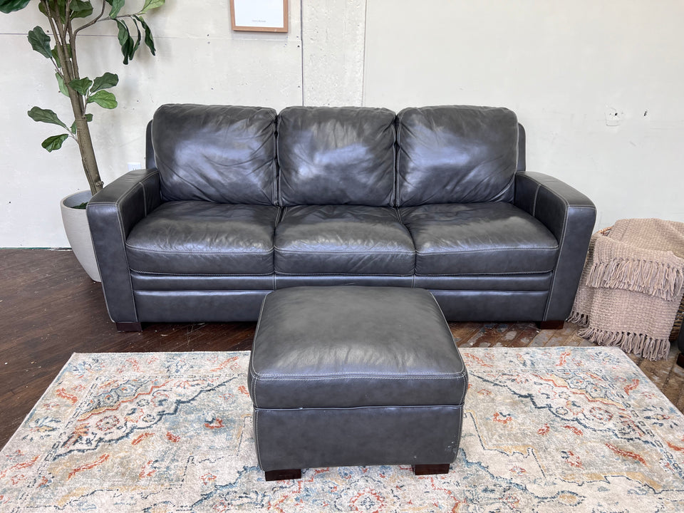 FREE DELIVERY! 🚚 - Charcoal Gray Genuine Leather 3 Seater Couch & Ottoman Set