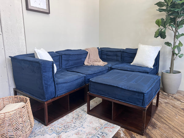 FREE DELIVERY! 🚚 - Pottery Barn Blue Tufted Microfiber Modular Rearrangeable Storage Sectional Couch with Ottoman Set Cozy Couple