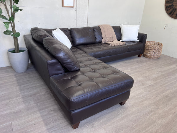 FREE DELIVERY! 🚚 - Real Genuine Leather Dark Brown Tufted Modern Sectional Couch with Chaise