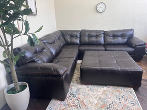 FREE DELIVERY! 🚚- Bernie & Phyl’s Genuine Leather Brown Sectional Couch with Oversized Ottoman Set Cozy Couple