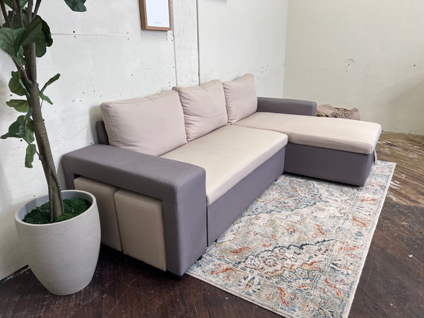 FREE DELIVERY! 🚚 - Gray & Tan Modern Sleeper Sectional Couch with Chaise, Storage, and 2 Stored Ottomans