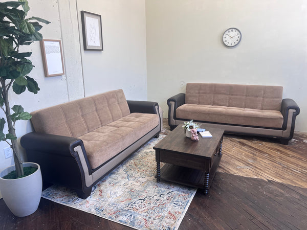 FREE DELIVERY! 🚚 - Brown Couch Set with Genuine Leather Trim with Storage