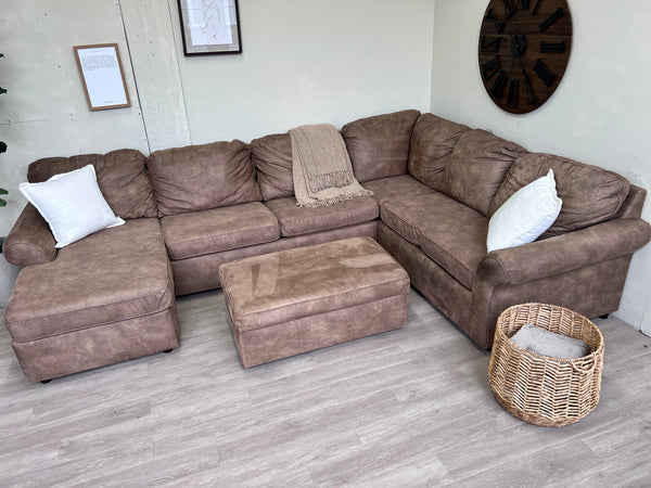 FREE DELIVERY! 🚚 - Brown Synthetic Leather U Sectional Couch with Chaise and Storage Roller Ottoman Cozy Couple