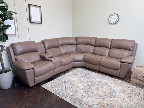 FREE DELIVERY! 🚚 - Jordan’s Furniture “Larue” Light Brown Power Reclining Genuine Leather Sectional Couch with Seat Warming, Massage, Tilt Headrest and Charging Console