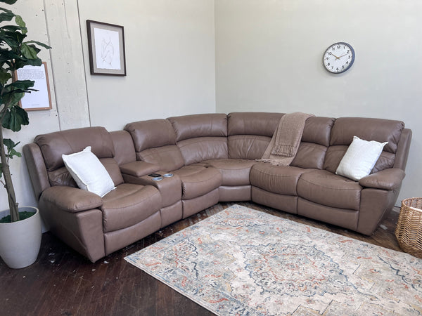 FREE DELIVERY! 🚚 - Jordan’s Furniture “Larue” Light Brown Power Reclining Genuine Leather Sectional Couch with Seat Warming, Massage, Tilt Headrest and Charging Console