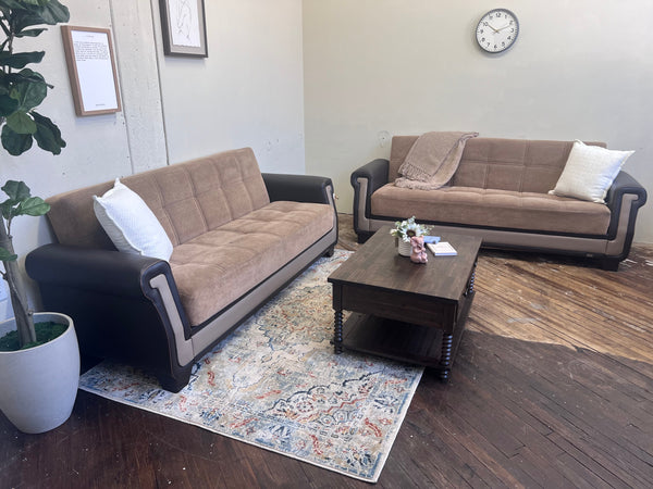 FREE DELIVERY! 🚚 - Brown Couch Set with Genuine Leather Trim with Storage