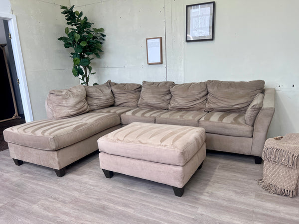 FREE DELIVERY! 🚚 - Bernie & Phyl’s Klaussner Beige Microfiber Sectional Couch with Chaise & Ottoman Set