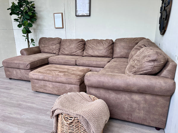 FREE DELIVERY! 🚚 - Brown Synthetic Leather U Sectional Couch with Chaise and Storage Roller Ottoman Cozy Couple