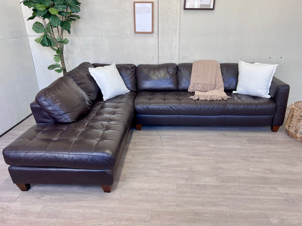 FREE DELIVERY! 🚚 - Real Genuine Leather Dark Brown Tufted Modern Sectional Couch with Chaise