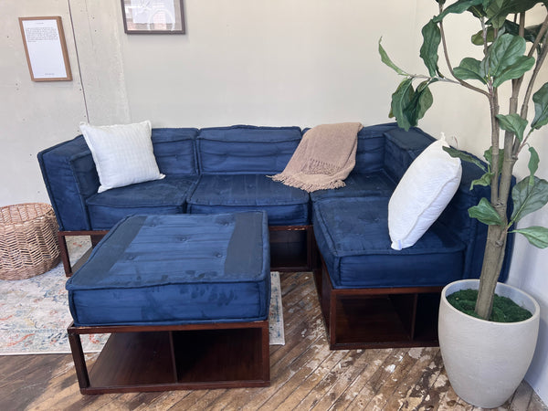 FREE DELIVERY! 🚚 - Pottery Barn Blue Tufted Microfiber Modular Rearrangeable Storage Sectional Couch with Ottoman Set Cozy Couple
