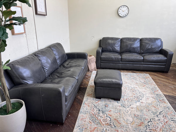 FREE DELIVERY! 🚚 - Charcoal Gray Genuine Leather 3 Seater Couch & Ottoman Set Cozy Couple