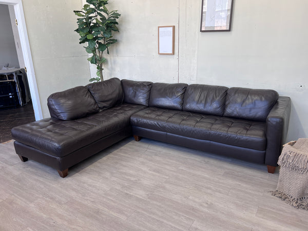 FREE DELIVERY! 🚚 - Real Genuine Leather Dark Brown Tufted Modern Sectional Couch with Chaise