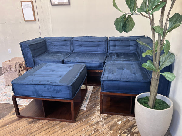 FREE DELIVERY! 🚚 - Pottery Barn Blue Tufted Microfiber Modular Rearrangeable Storage Sectional Couch with Ottoman Set Cozy Couple