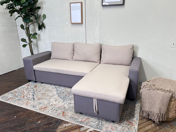 FREE DELIVERY! 🚚 - Gray & Tan Modern Sleeper Sectional Couch with Chaise, Storage, and 2 Stored Ottomans