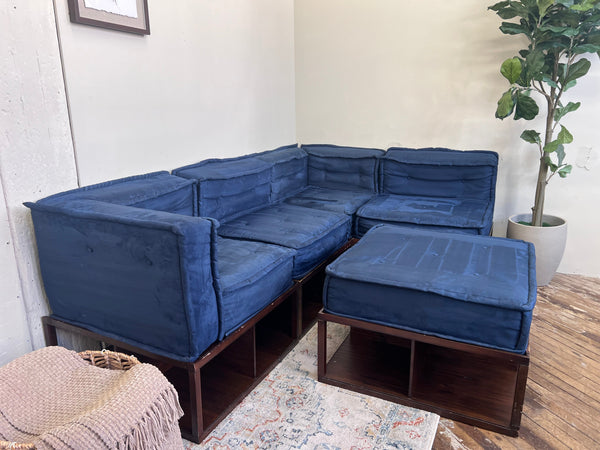 FREE DELIVERY! 🚚 - Pottery Barn Blue Tufted Microfiber Modular Rearrangeable Storage Sectional Couch with Ottoman Set Cozy Couple