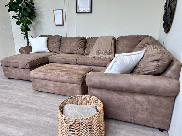 FREE DELIVERY! 🚚 - Brown Synthetic Leather U Sectional Couch with Chaise and Storage Roller Ottoman Cozy Couple