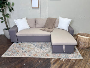 FREE DELIVERY! 🚚 - Gray & Tan Modern Sleeper Sectional Couch with Chaise, Storage, and 2 Stored Ottomans