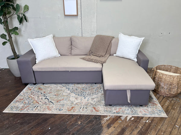 FREE DELIVERY! 🚚 - Gray & Tan Modern Sleeper Sectional Couch with Chaise, Storage, and 2 Stored Ottomans