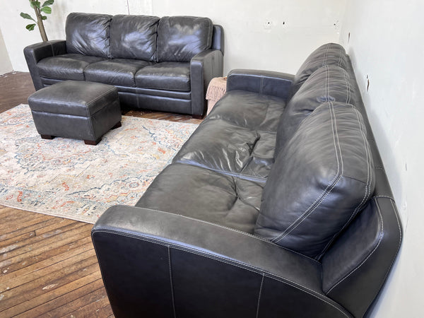 FREE DELIVERY! 🚚 - Charcoal Gray Genuine Leather 3 Seater Couch & Ottoman Set Cozy Couple