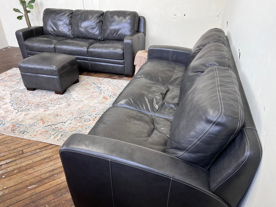 FREE DELIVERY! 🚚 - Charcoal Gray Genuine Leather 3 Seater Couch & Ottoman Set