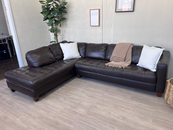 FREE DELIVERY! 🚚 - Real Genuine Leather Dark Brown Tufted Modern Sectional Couch with Chaise