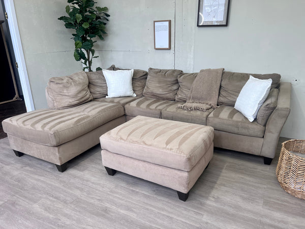 FREE DELIVERY! 🚚 - Bernie & Phyl’s Klaussner Beige Microfiber Sectional Couch with Chaise & Ottoman Set
