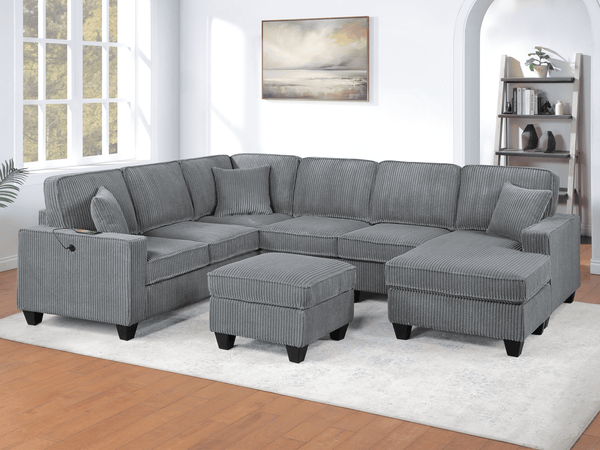 (Brand New) "Leah" 5-Piece U Sectional Couch with Chaise, Charging Ports, & Ottoman Set