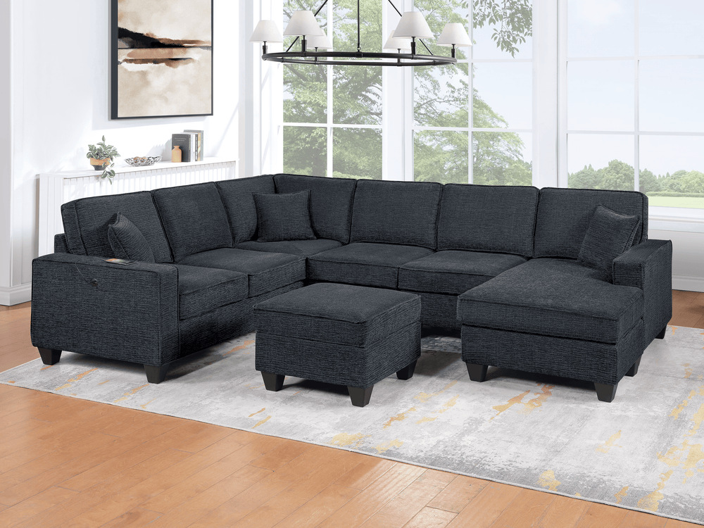 (Brand New) "Leah" 5-Piece U Sectional Couch with Chaise, Charging Ports, & Ottoman Set