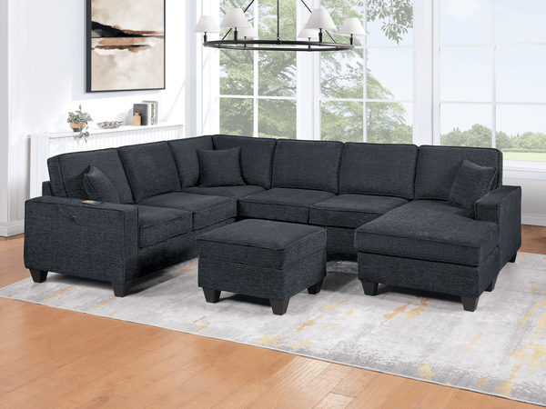 (Brand New) "Leah" 5-Piece U Sectional Couch with Chaise, Charging Ports, & Ottoman Set