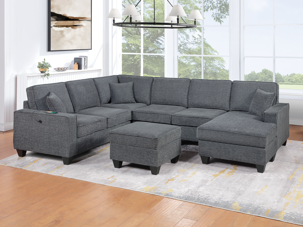(Brand New) "Leah" 5-Piece U Sectional Couch with Chaise, Charging Ports, & Ottoman Set