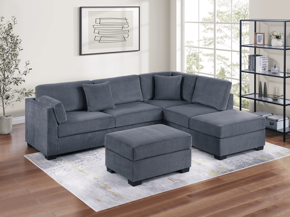 (Brand New) "Adria" Corduroy Modern 3-Piece L Sectional Couch with Chaise & Ottoman Set