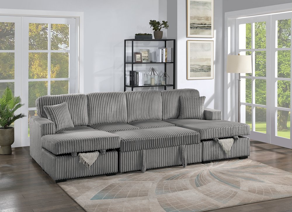 (Brand New) "Tyrus" Sleeper Corduroy 3-Piece Convertible U Sectional Couch with Dual Storage Chaises