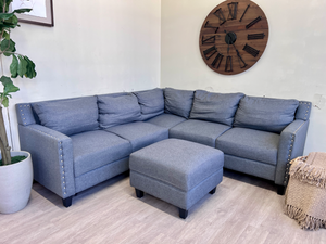 FREE DELIVERY! 🚚 - Gray Modern Studded Sectional Couch with Ottoman Set