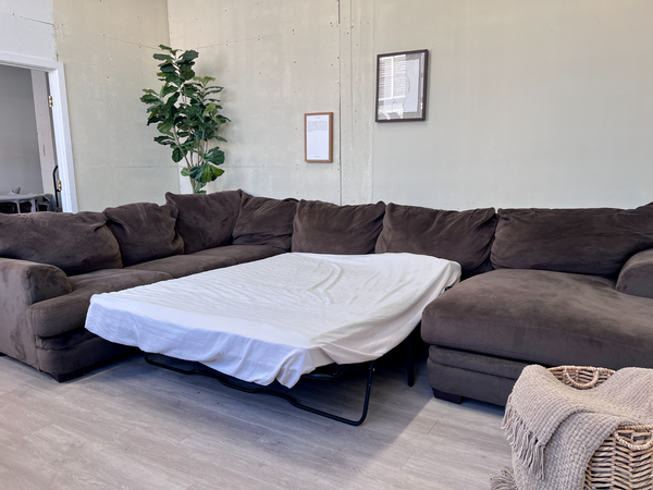 FREE DELIVERY! 🚚 - Jordan’s Furniture Brown Microsuede Modern Sleeper U Sectional Couch with Chaise